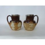 Two Doulton Lambeth harvest jugs with Sheffield silver rims