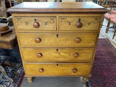 Victorian scumbled woodgrain finish pine chest of two short over three long drawers with turned knob