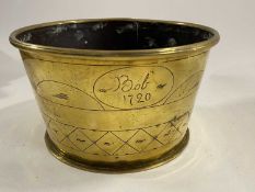 An unusual brass bowl with inscription For Bob dated 1720, 17cm diameter