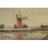 "On the Thurne" watercolour, initialed and dated 1911, 4.5x7ins, framed and glazed.