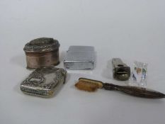 Small box containing a quantity of white metal items, silver small brush, vester case etc