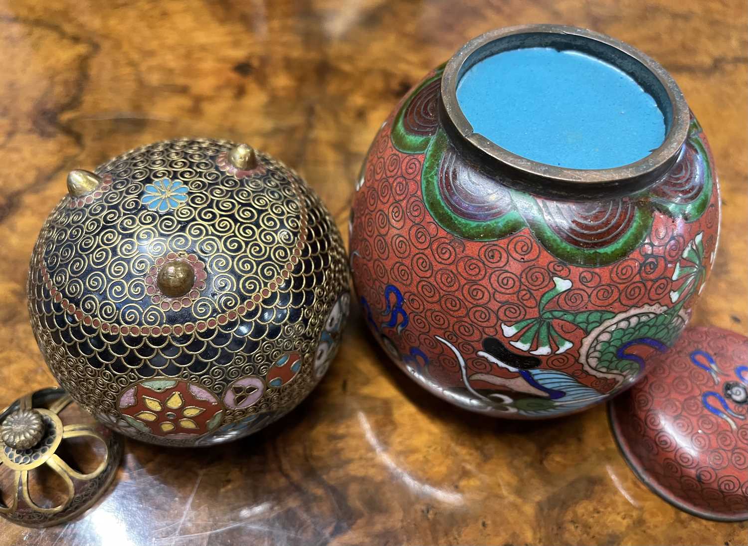 Cloisonne incense burner of globular form with pierced cover together with a small Cloisonne jar and - Image 10 of 36