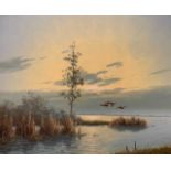 Gien Brouwer (Dutch, b.1944), Ducks in flight at Dawn, oil on canvas, signed, 19.75ins x 23.5ins,