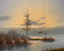 Gien Brouwer (Dutch, b.1944), Ducks in flight at Dawn, oil on canvas, signed, 19.75ins x 23.5ins,