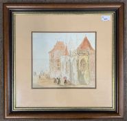 Continental School, circa 19th century, a gathering of figures in around a monestary / cathedral,