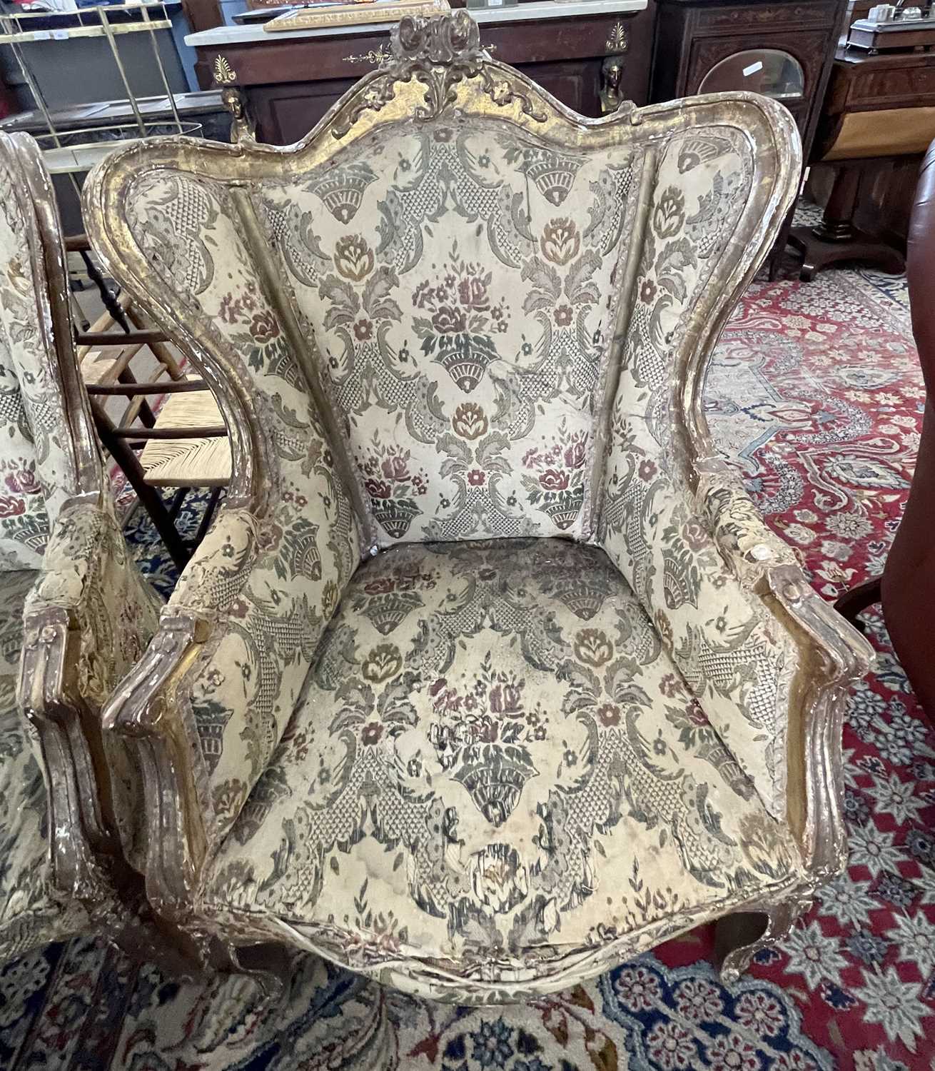 A pair of 19th Century gilt wood framed armchairs, for restoration, 107cm high - Image 4 of 5