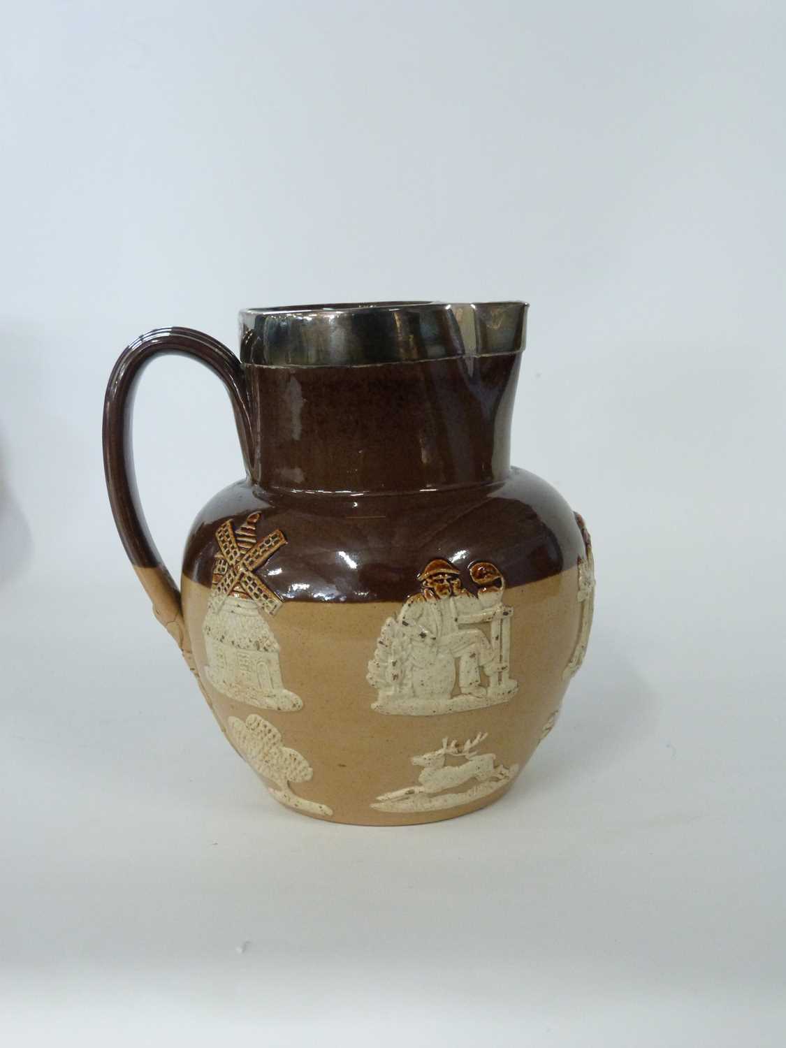 Two Doulton Lambeth harvest jugs with Sheffield silver rims - Image 3 of 4
