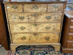 18th Century and later walnut veneered chest with three short over three long drawers, raised on
