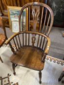 Small oak Windsor chair with hooped stick back and crinoline stretcher, 100cm high