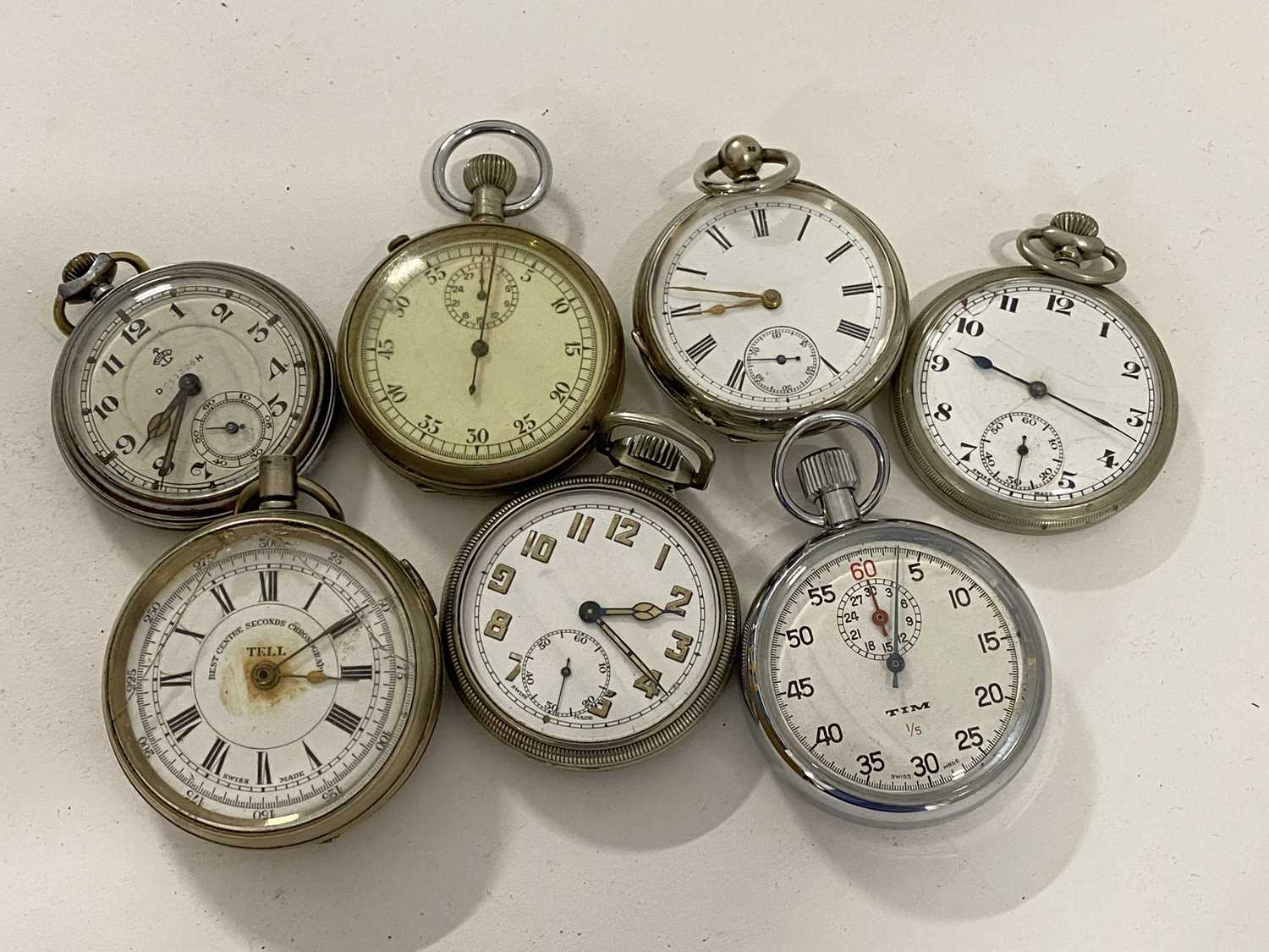 Group of seven various cased pocket watches and stop watches in base metal/white metal and plated
