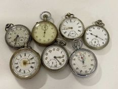 Group of seven various cased pocket watches and stop watches in base metal/white metal and plated