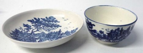18th Century Worcester porcelain tea bowl and saucer with a European landscape style print