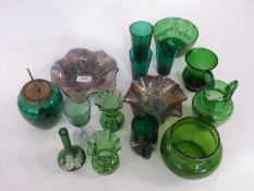 Group of mainly early 20th Century green glass, some with painted floral decoration together with