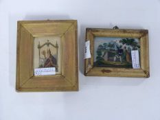 Two small pictures in gilt frames one of St Ambroise and the other enamelled entitled Lavue