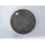 Interesting Chinese bronze dish with applied decoration of Chinese workers within a floral decorated