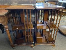 Pair of reproduction revolving bookcase cabinets with burr wood veneered tops, tops 44cm square,