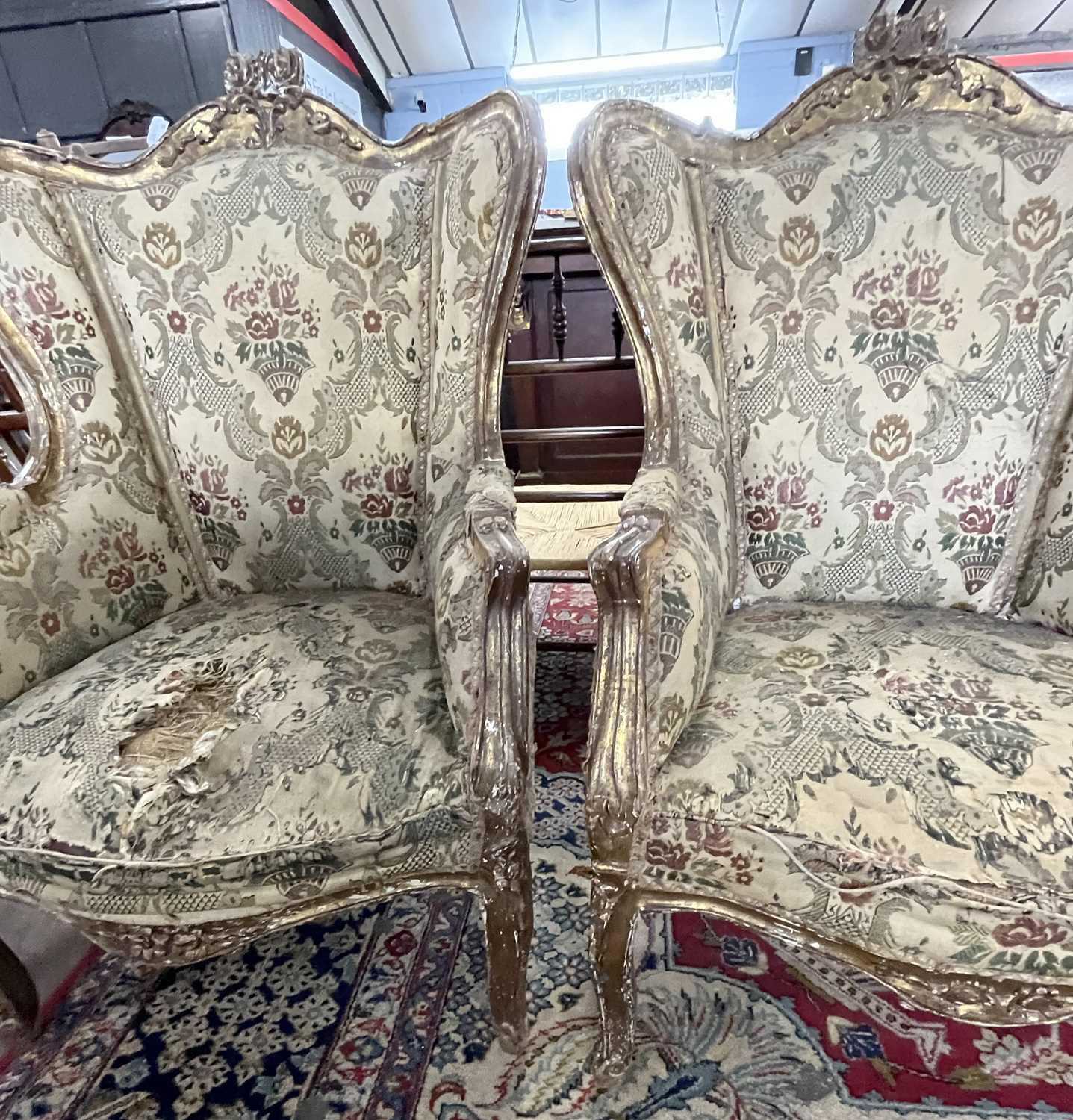 A pair of 19th Century gilt wood framed armchairs, for restoration, 107cm high - Image 5 of 5