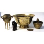 A quantity of Chinese brass wares including a Chinese bowl, further bowl raised on three feet and