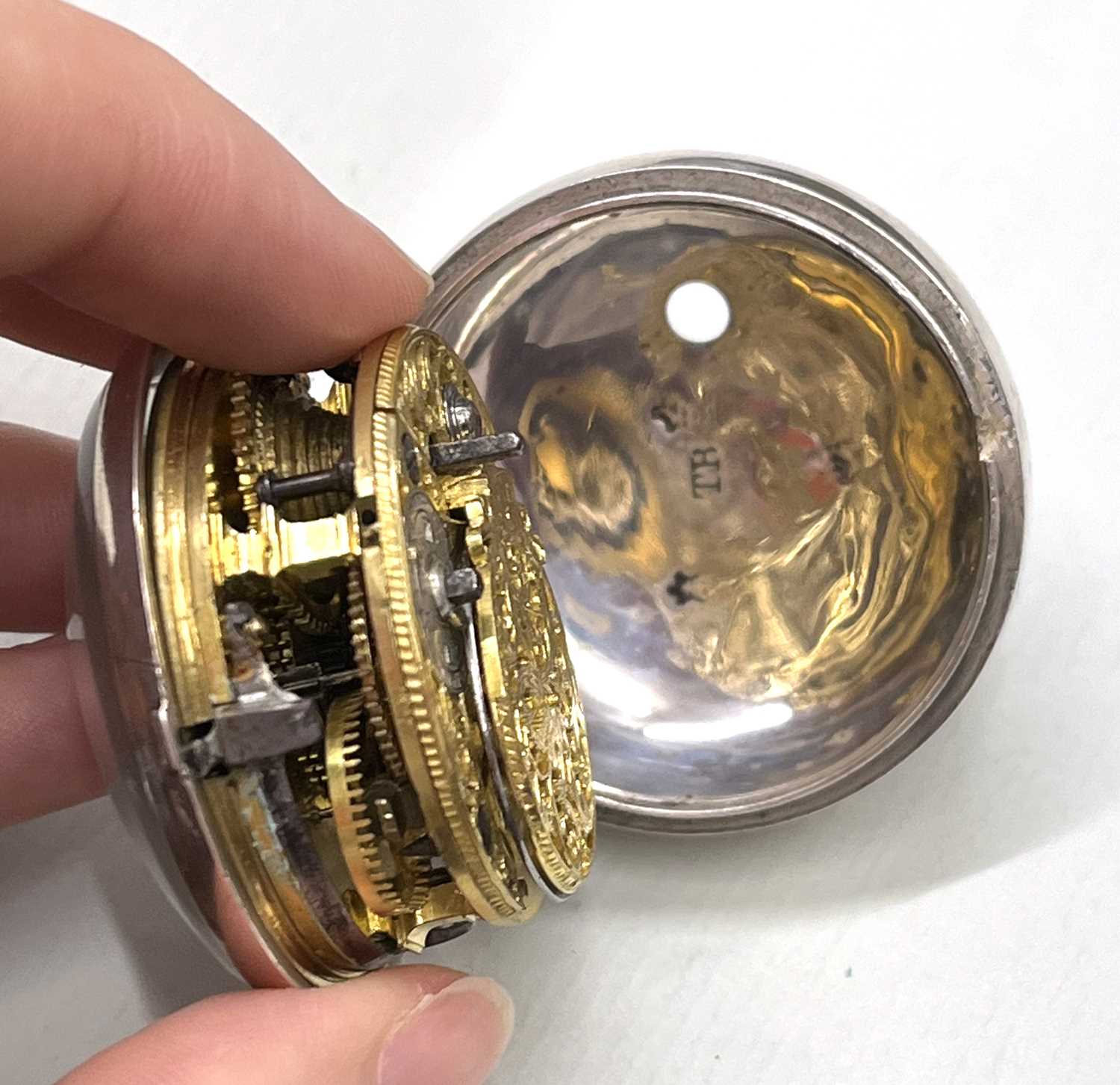 Jas Holroyd, Leeds, 18th Century silver cased verge pocket watch, the case with poorly struck - Image 8 of 9