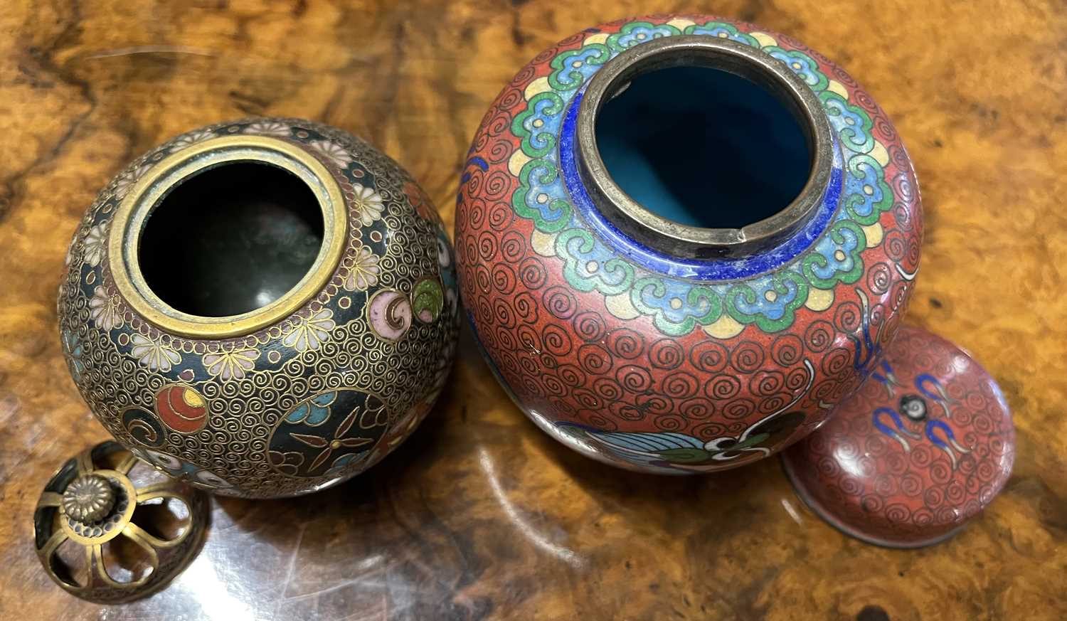 Cloisonne incense burner of globular form with pierced cover together with a small Cloisonne jar and - Image 6 of 36