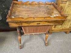 Victorian rosewood sewing table with galleried top over a single drawer and a pull out storage