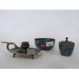 Group of Cloisonne wares including a small bowl, further small bowl and cover, also a taper stick