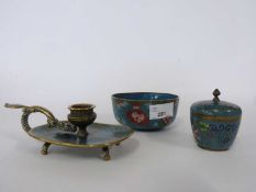 Group of Cloisonne wares including a small bowl, further small bowl and cover, also a taper stick