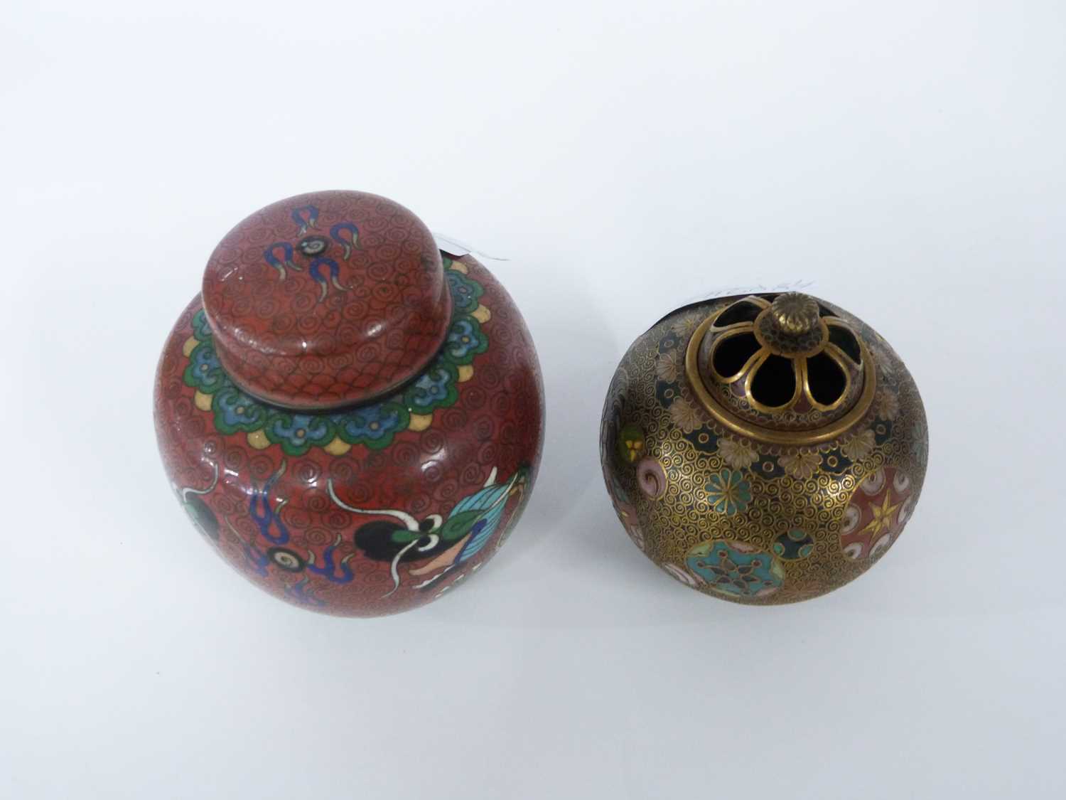 Cloisonne incense burner of globular form with pierced cover together with a small Cloisonne jar and - Image 4 of 36