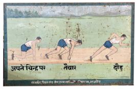 A hand painted 1950's Hindi metal advertising sign with athletes running