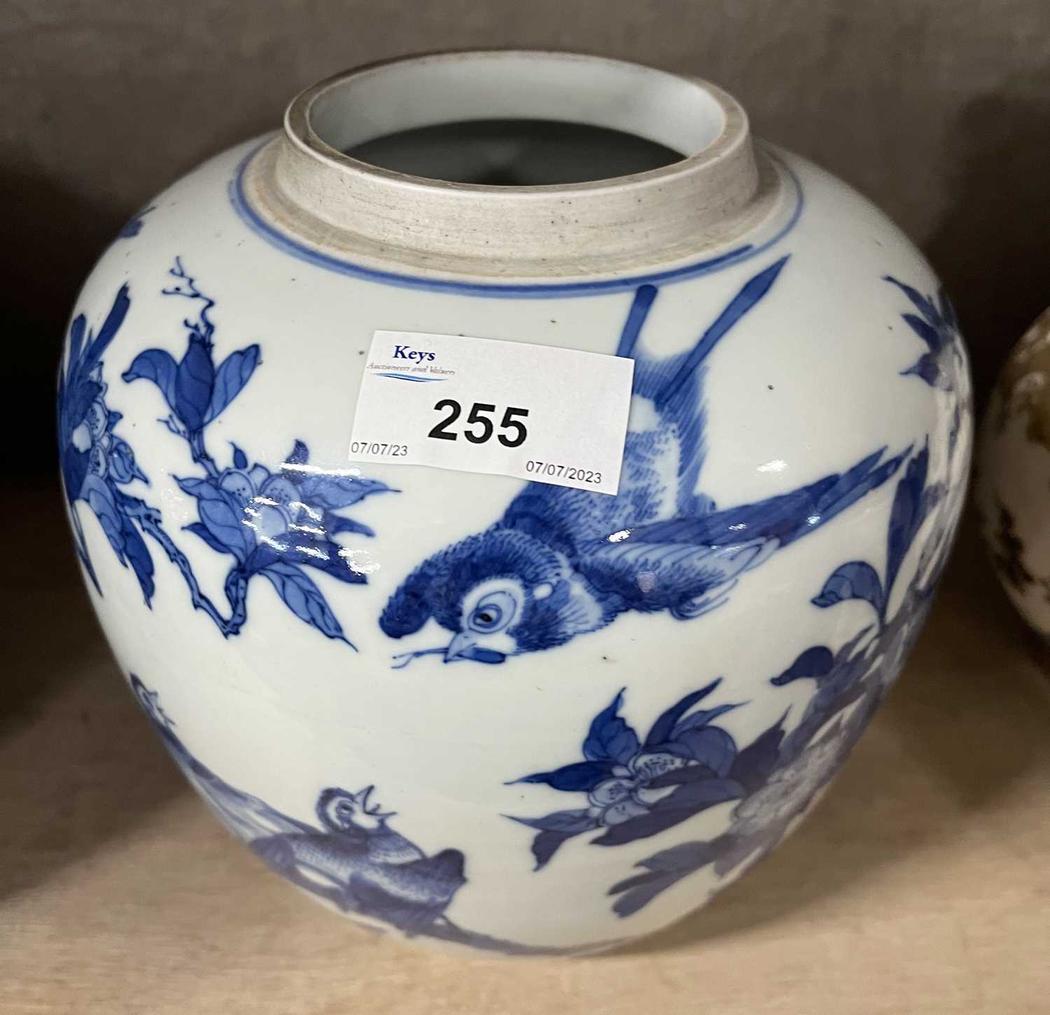 Qing Dynasty Chinese porcelain ginger jar (lacking cover), decorated in blue and white with birds on - Image 8 of 9