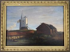 Dutch School, 20th century, Windmill and delapidated building with gathered figures, oil on