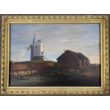 Dutch School, 20th century, Windmill and delapidated building with gathered figures, oil on