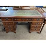 Reproduction mahogany twin pedestal office desk with green leather inset top, 137cm wide x 77cm high