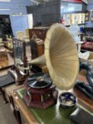 A vintage HMV gramophone with brass horn, horn diameter 53cm, overhall height 70cm