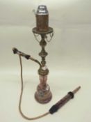 Vintage brass mounted hookah pipe with tinted glass reservoir, 72cm high