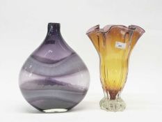 Two Studio Glass vases one of amber colour the other purple flattened ovoid shape, largest 33cm