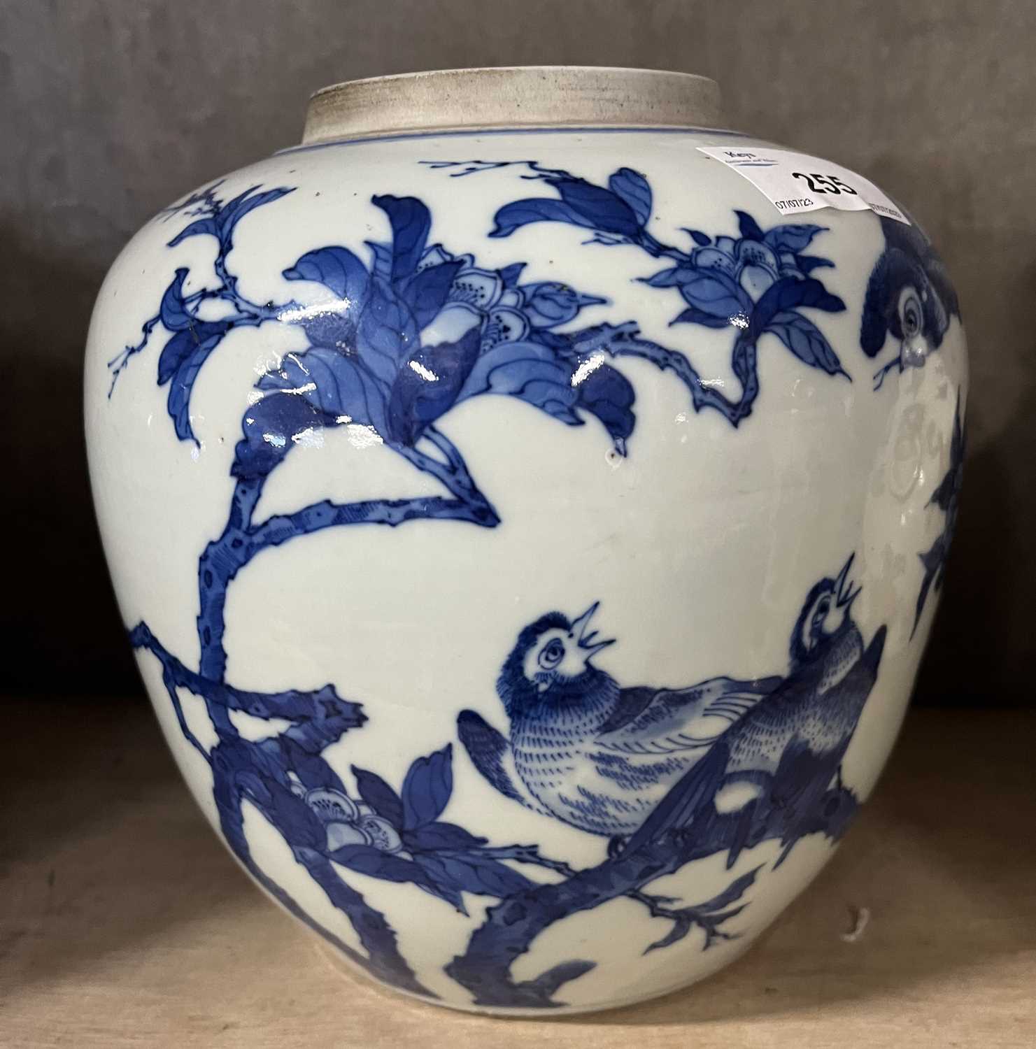 Qing Dynasty Chinese porcelain ginger jar (lacking cover), decorated in blue and white with birds on - Image 4 of 9