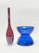 Two Studio Glass items including a large blue glass bowl and vase with red glaze