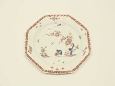 Bow porcelain octagonal plate decorated in polychrome in Kakiemon style with the two quail