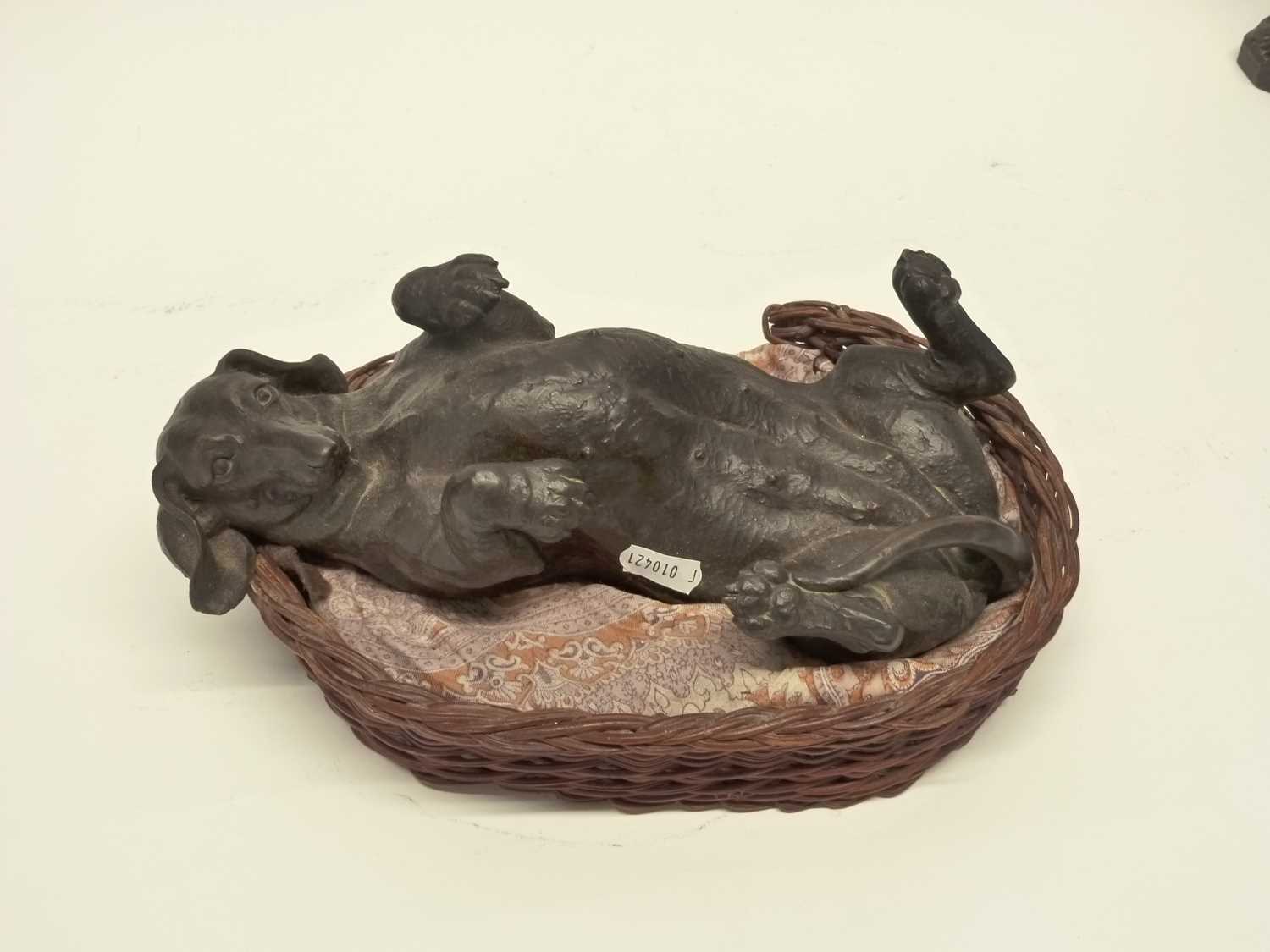 Group of resin models of dogs, one in a basket by Hereditaries Ltd together with a further metal - Image 3 of 5