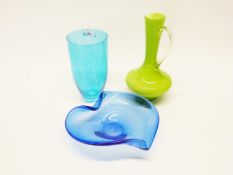 Group of three Studio Glass pieces including a shaped blue bowl, a green ewer and blue vase, the