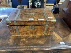 Victorian walnut and brass bound writing box of hinged rectangular form with fitted interior, 40cm