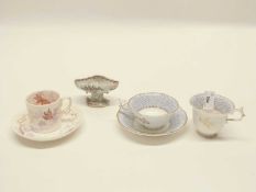 Collection of English porcelain cups and saucers and a small Samson heraldic salt