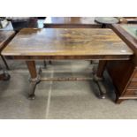 Victorian rosewood centre table set on tapering columns with turned central stretcher, 116cm wide