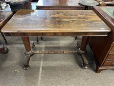 Victorian rosewood centre table set on tapering columns with turned central stretcher, 116cm wide