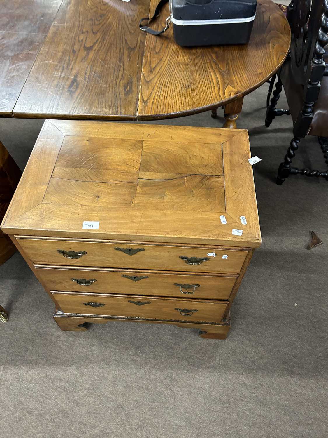 Small 19th Century walnut chest with three drawers over bracket feet, probably adapted from a larger - Image 2 of 2