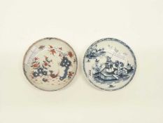 Two Lowestoft saucers, one with blue and white design of a pagoda and a further polychrome with
