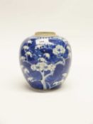 19th Century Chinese porcelain ginger jar (lacking cover), the blue ground with prunus decoration,
