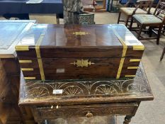 Victorian brass bound writing box with a fitted interior with green baize writing surface, 50cm