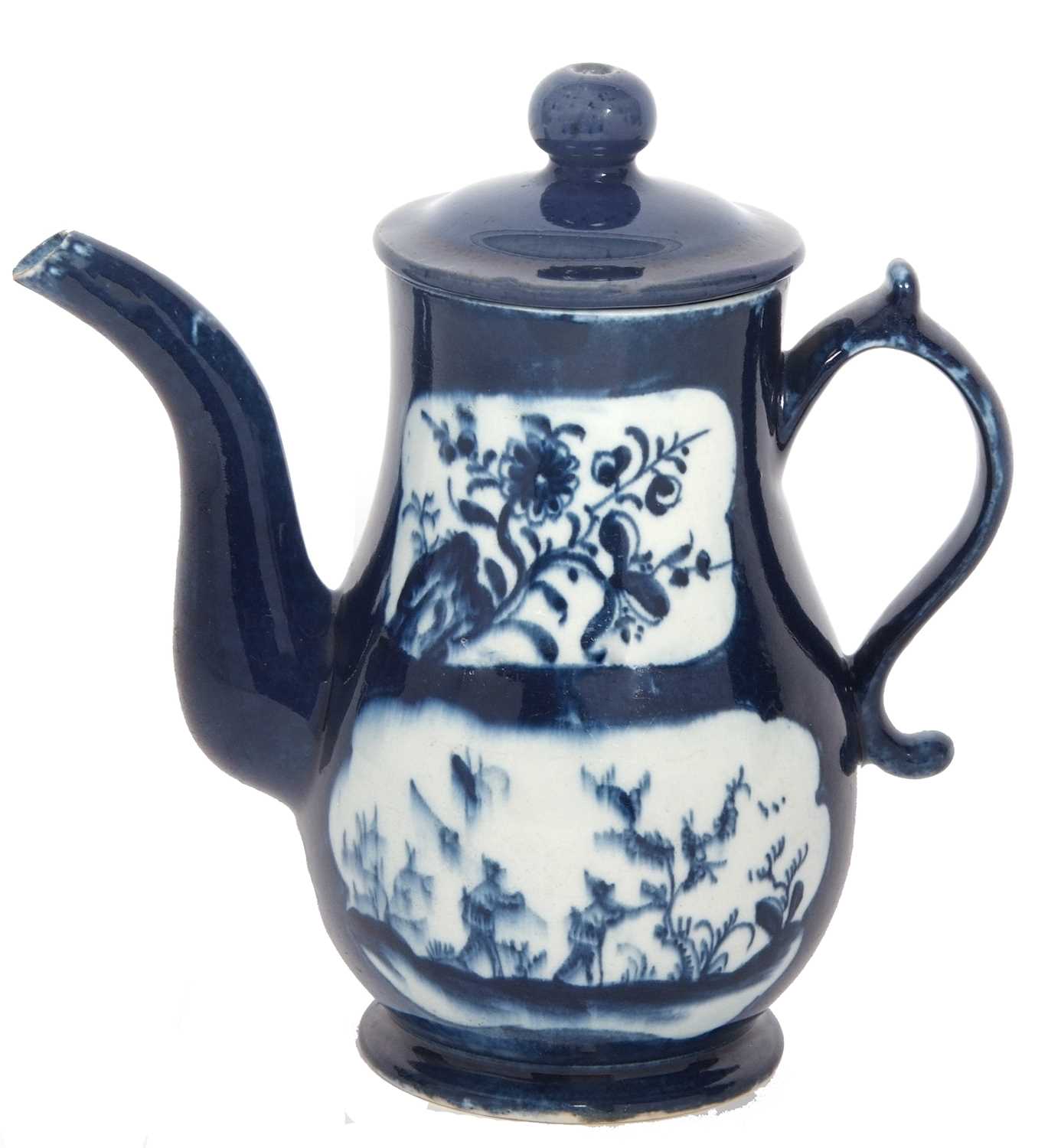 Lowestoft porcelain powder blue coffee pot of unusual size, together with a blue pottery lid,